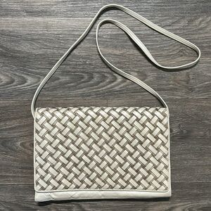 Vintage Sharif Woven Leather Shoulder Bag Pearlized White Gray Crossbody Purse